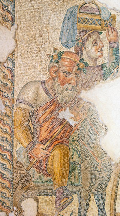 Der triumphale Zug des Dionysos, Detail von Seilenos auf seinem Esel reitend, Haus des Aion, Paphos, Zypern von Roman